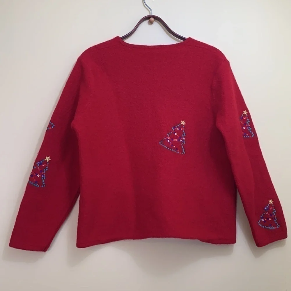 Karen Scott Sport Red Christmas Wool Thick Knit Embroidered Sequin Cardigan M/L